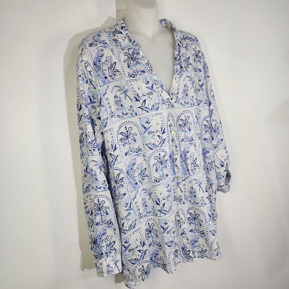 C & C California Linen Shirt Palm Trees Flamingo XL Blue White Coastal Resort - Picture 4 of 11